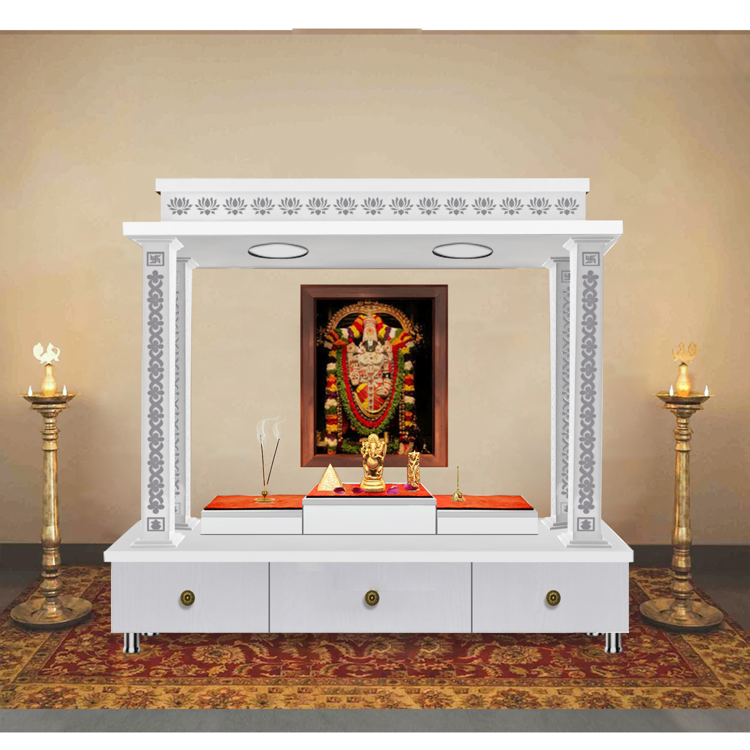 The Temple hub Wooden Temple | White Piller Mandir With LED Light Puja Mandir For Home & Office Decor - Image 2