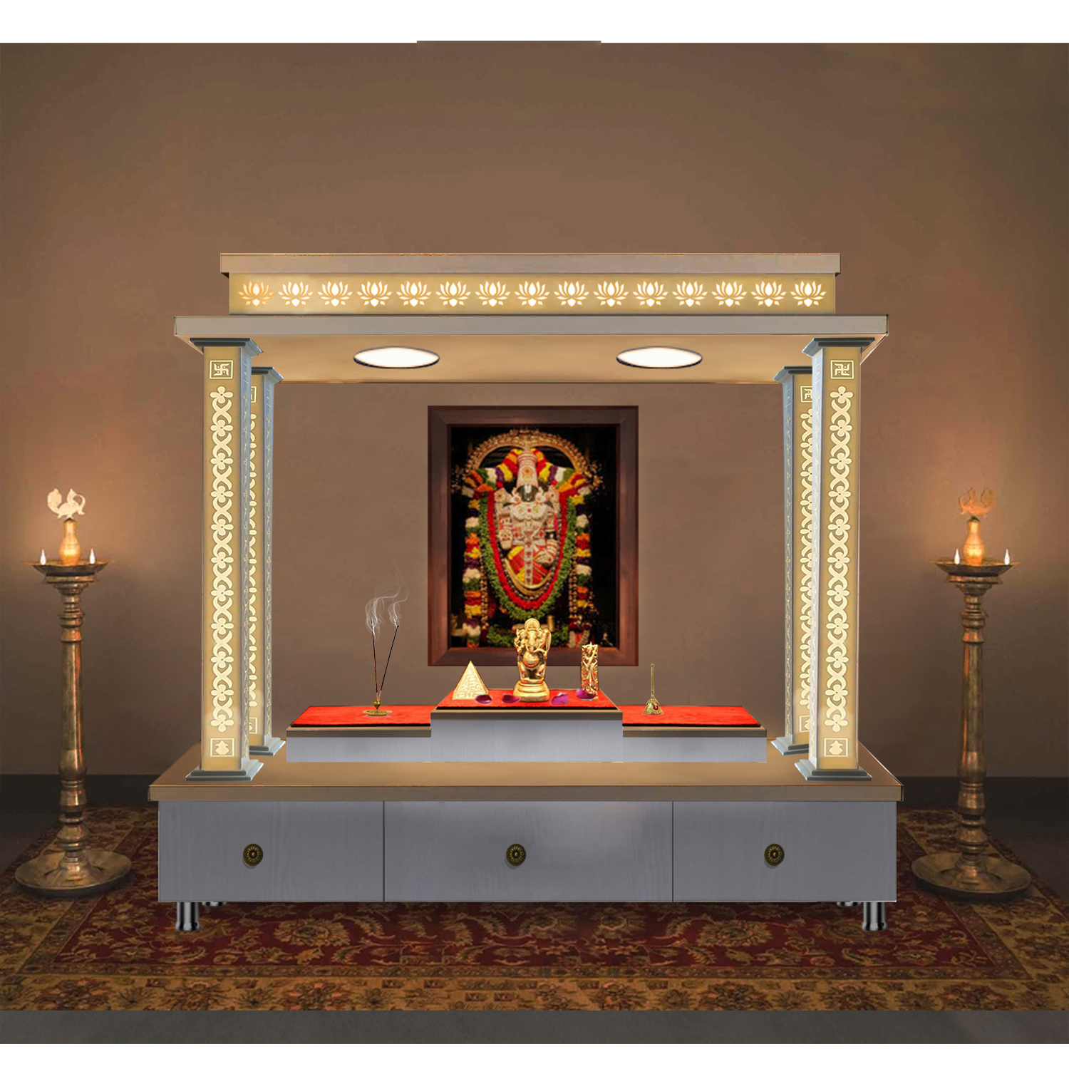 The Temple hub Wooden Temple | White Piller Mandir With LED Light Puja Mandir For Home & Office Decor