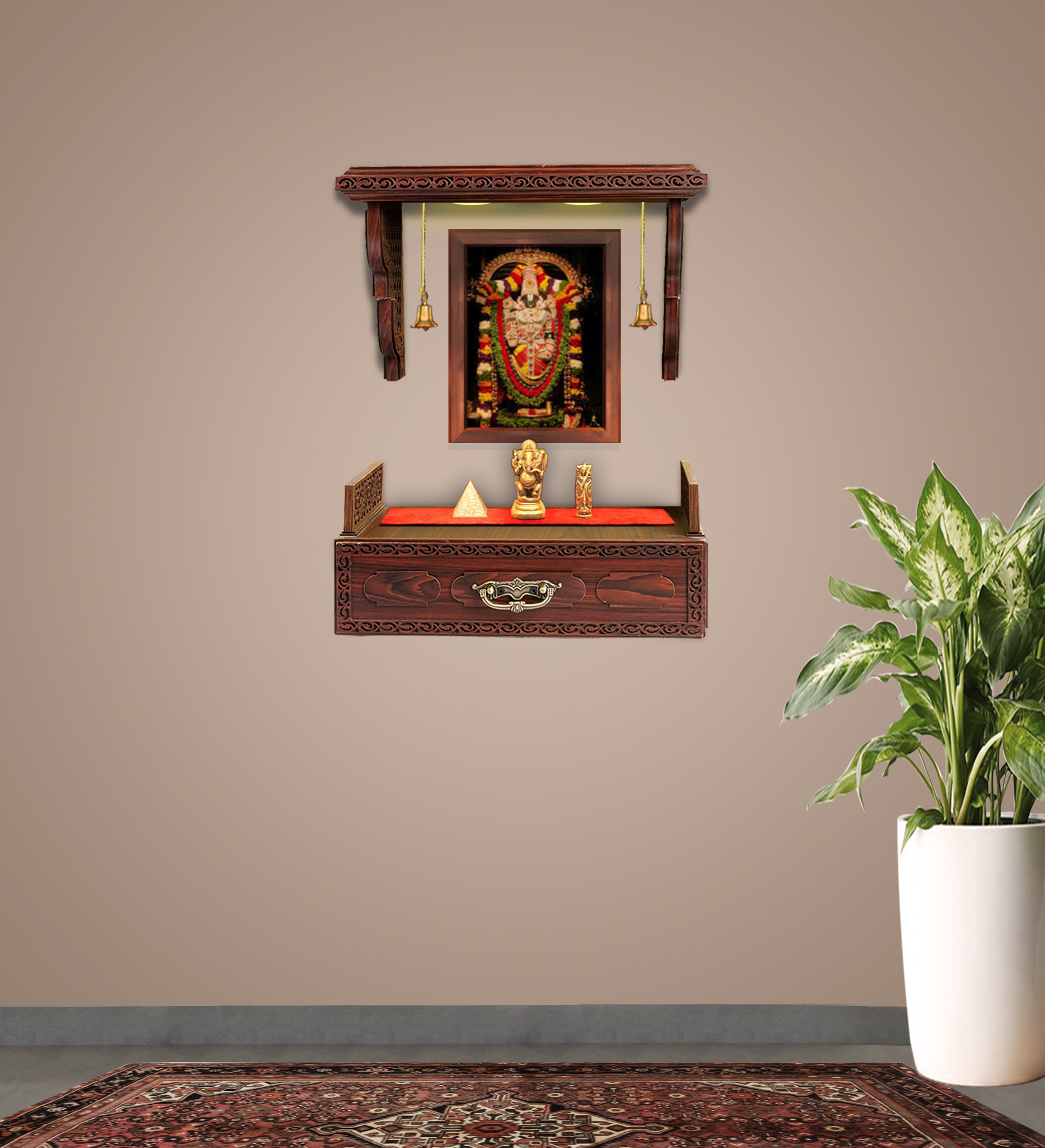 The Temple hub Wooden Temple | Brown Jharoka Mandir With LED Light Puja Mandir For Home & Office Decor