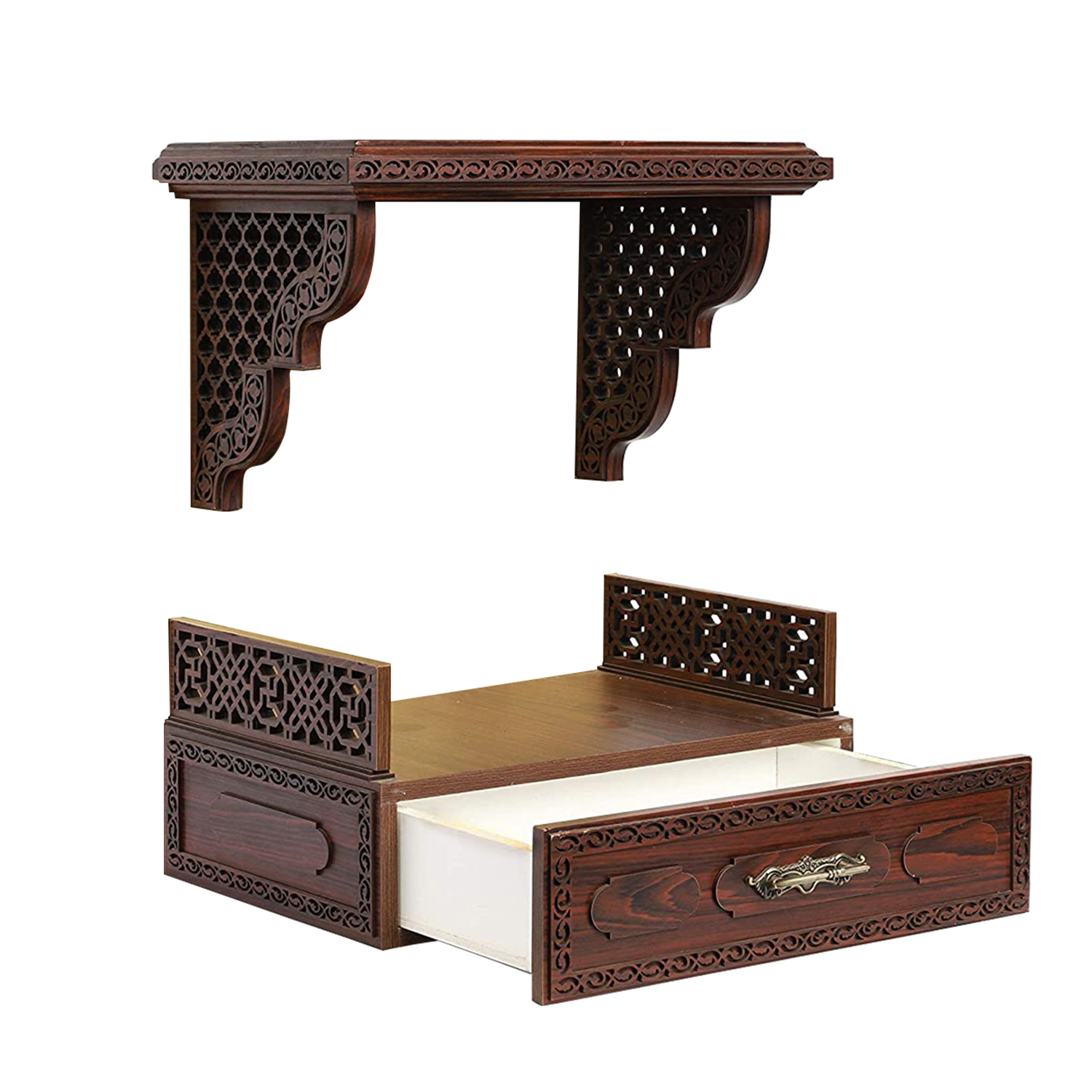 The Temple hub Wooden Temple | Brown Jharoka Mandir With LED Light Puja Mandir For Home & Office Decor - Image 2