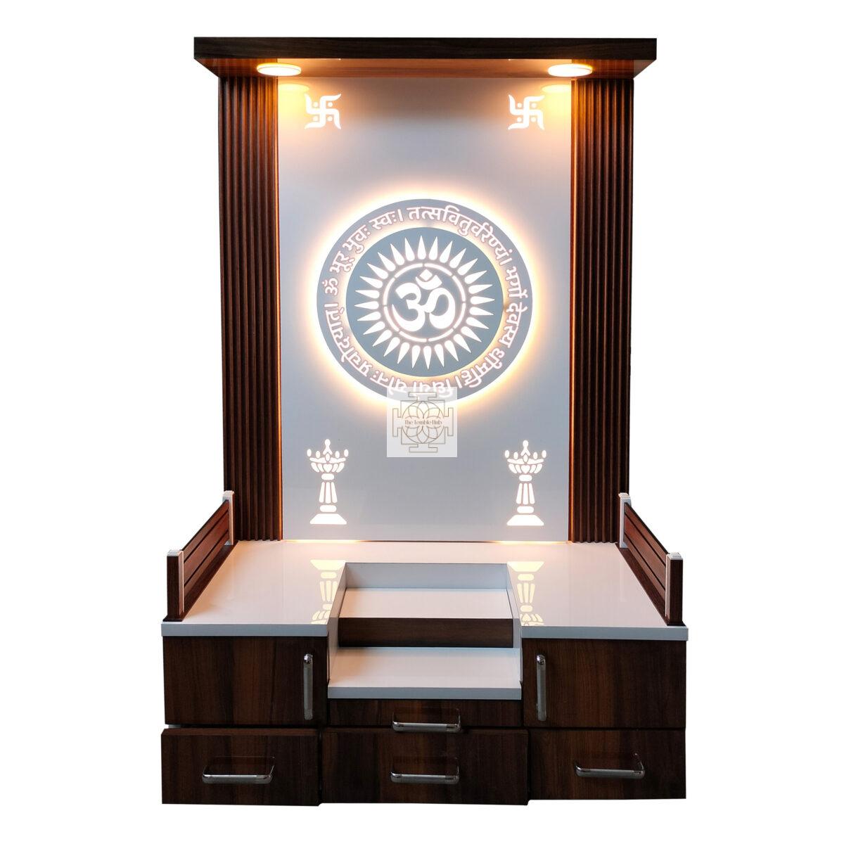 Wooden 3D Frame Temple Table Top White Mandir With LED Light Puja Mandir For Home & Office Decor