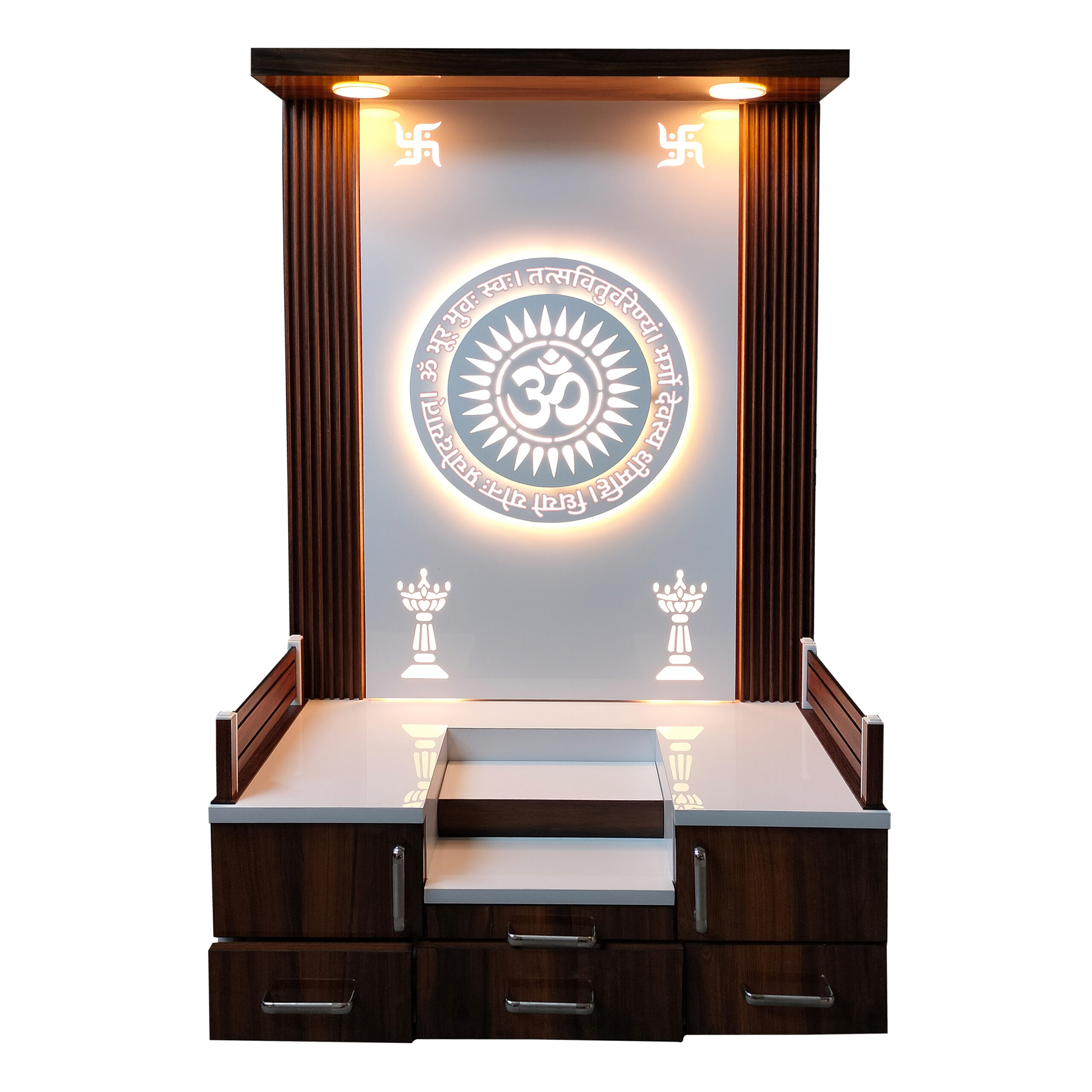 Wooden 3D Frame Temple Table Top White Mandir With LED Light Puja Mandir For Home & Office Decor