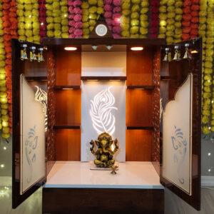 Wooden Door Temple Table Top Mandir With White LED Light | Puja Temple For Home & Office D?cor