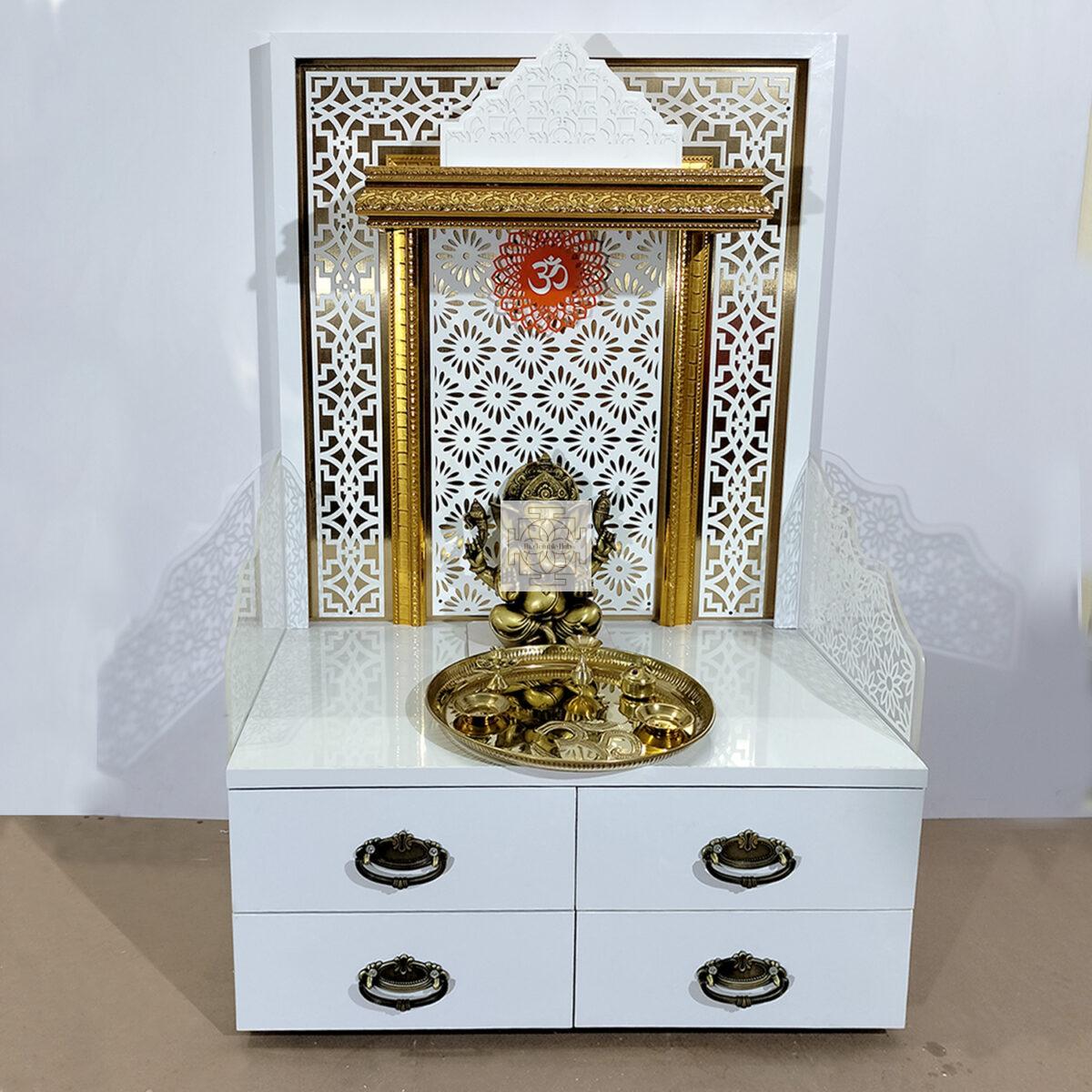 Wooden White Double Drawer Temple | White Mandir With LED Light Puja Mandir For Home & Office Decor - Image 3