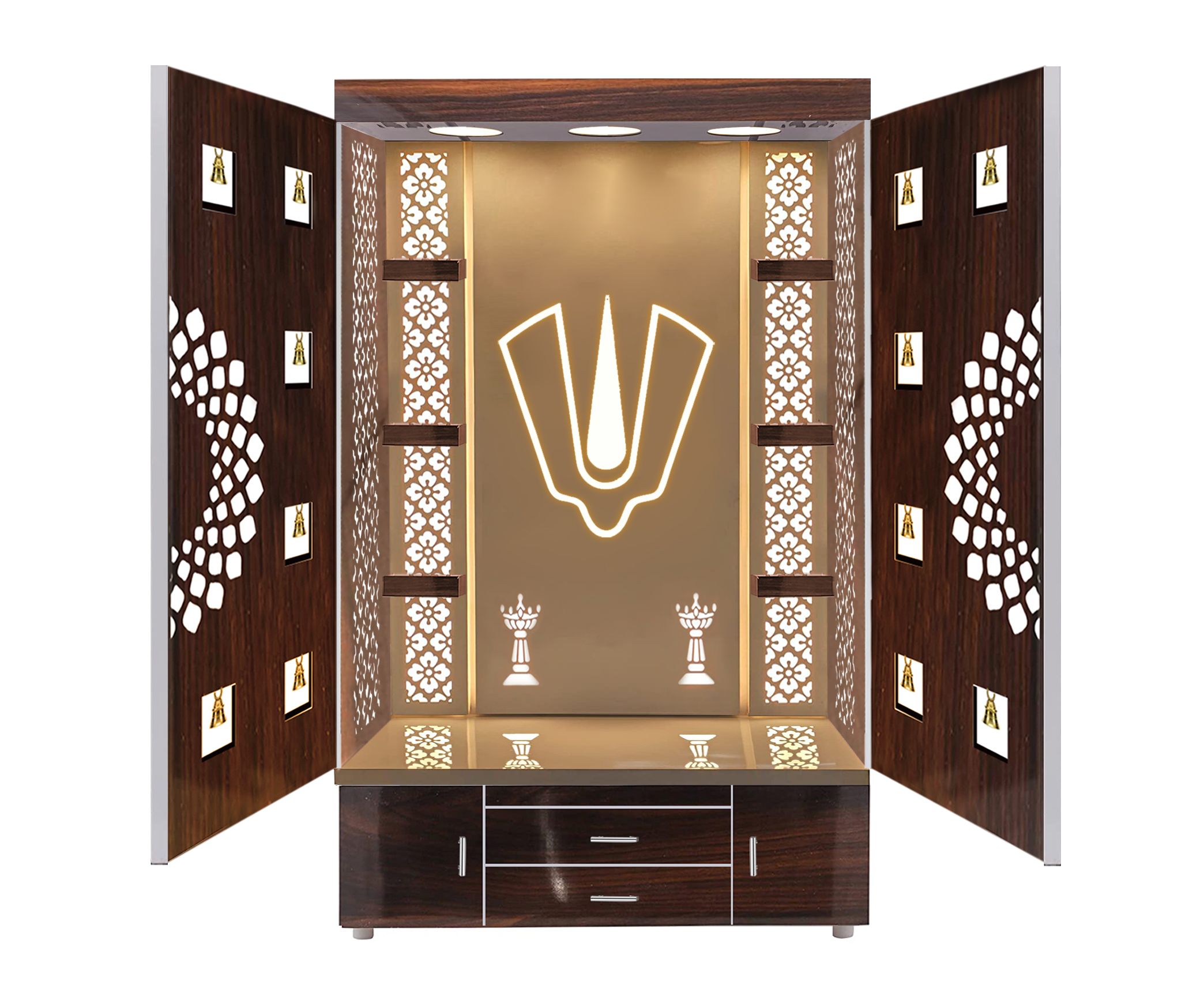 The Temple hub Wooden Temple | Brown Door Mandir With LED Light Puja Mandir For Home & Office Decor - Image 3