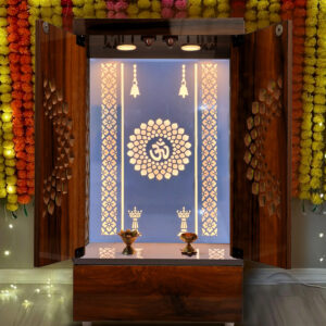 Wooden Door Temple Table Top Mandir With White LED Light | Puja Temple For Home & Office D?cor