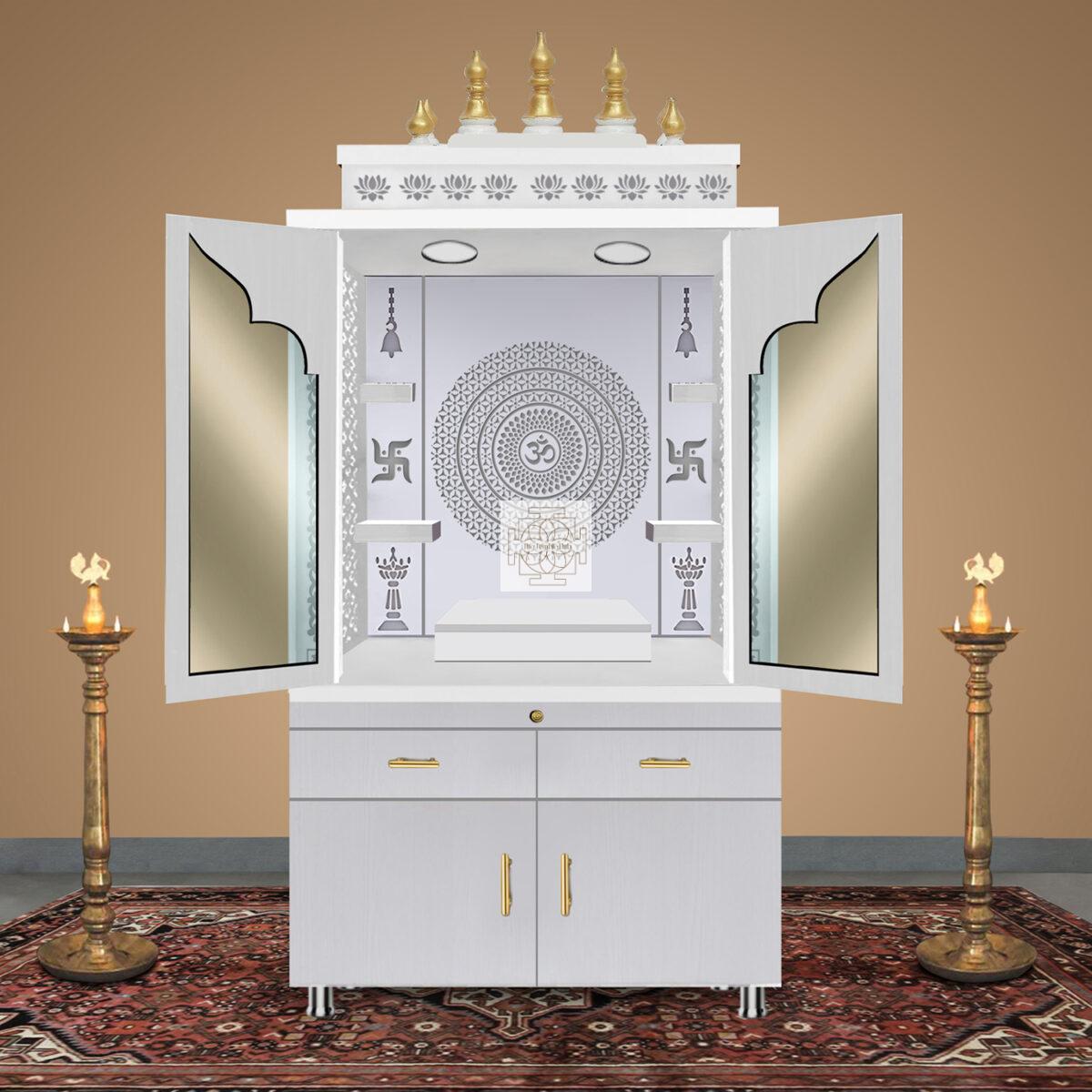 Wooden Door Temple | Mandir With White LED Light |  Puja Temple For Home & Office Decor - Image 3