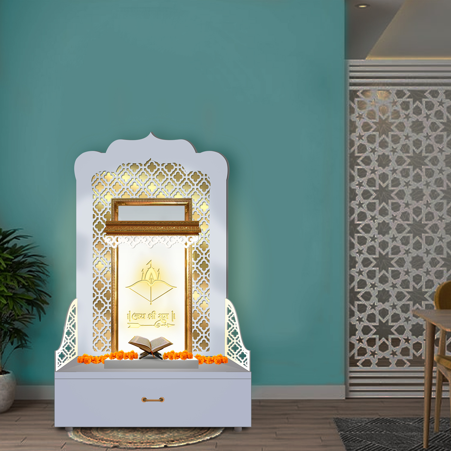 The Temple hub Wooden Temple | White Mandir With LED Light Puja Mandir For Home & Office Decor - Image 4