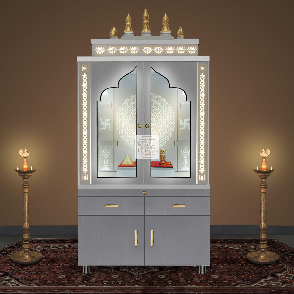 Wooden Door Temple | Mandir With White LED Light |  Puja Temple For Home & Office Decor - Image 4