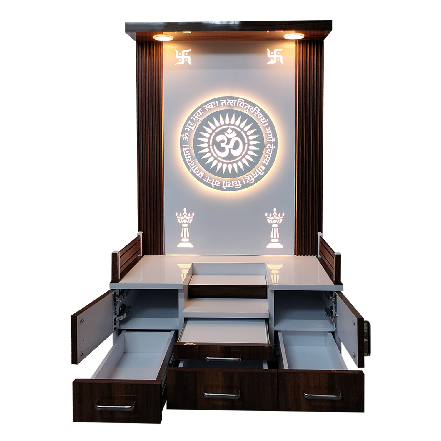 Wooden 3D Frame Temple Table Top White Mandir With LED Light Puja Mandir For Home & Office Decor - Image 4