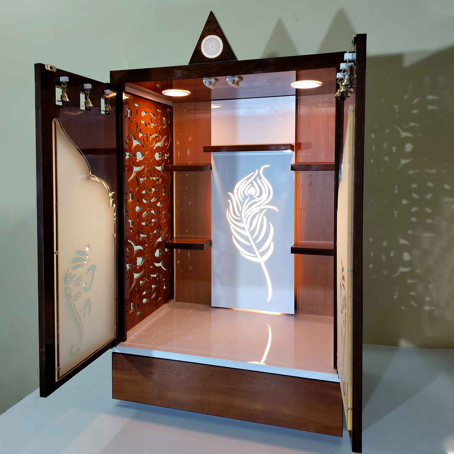 Wooden Door Temple Table Top Mandir With White LED Light | Puja Temple For Home & Office D?cor - Image 5