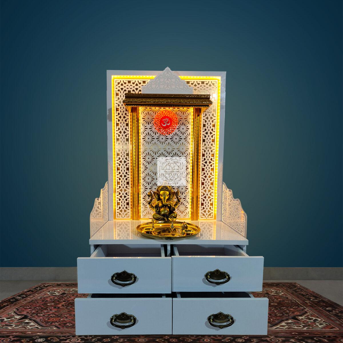 Wooden White Double Drawer Temple | White Mandir With LED Light Puja Mandir For Home & Office Decor