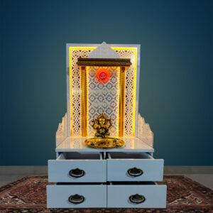 Wooden White Double Drawer Temple | White Mandir With LED Light Puja Mandir For Home & Office Decor