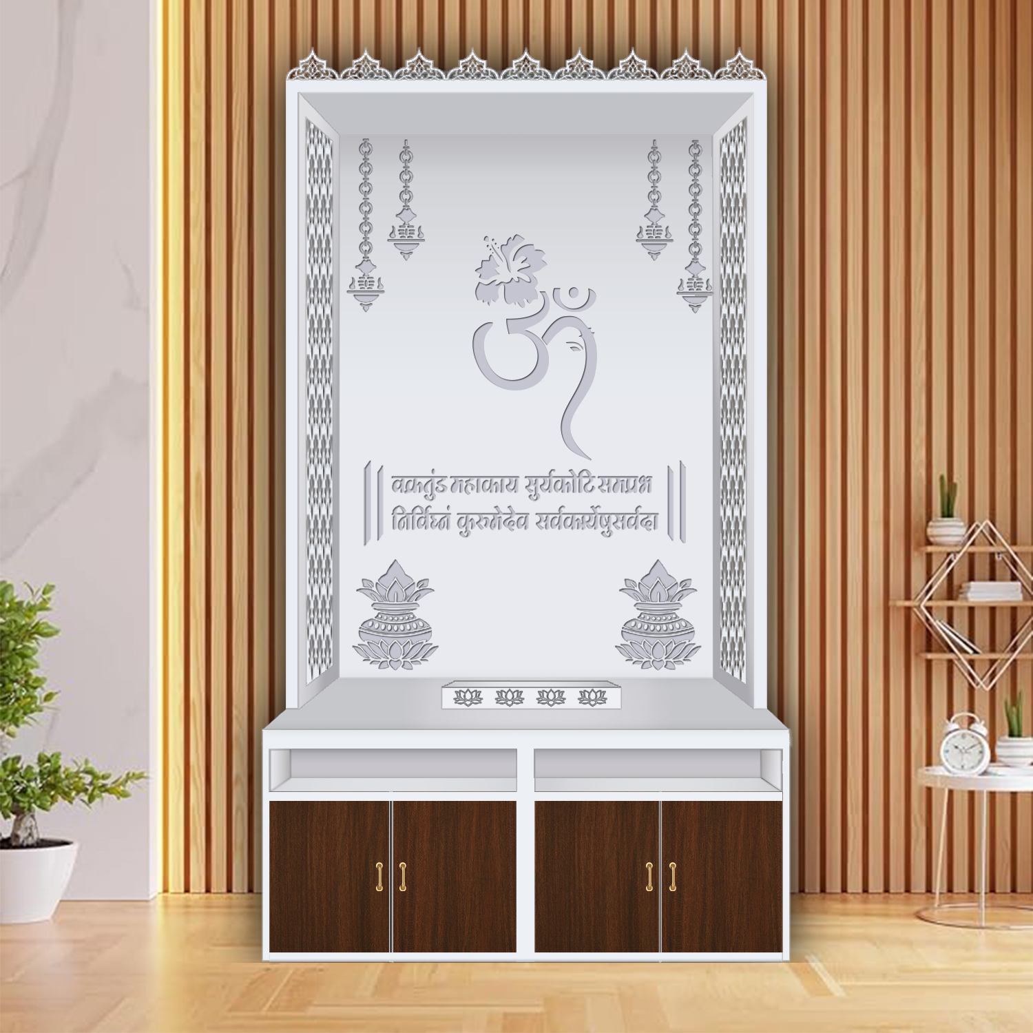 The Temple hub Wooden Temple | White Mandir With LED Light Puja Mandir For Home & Office Decor - Image 3