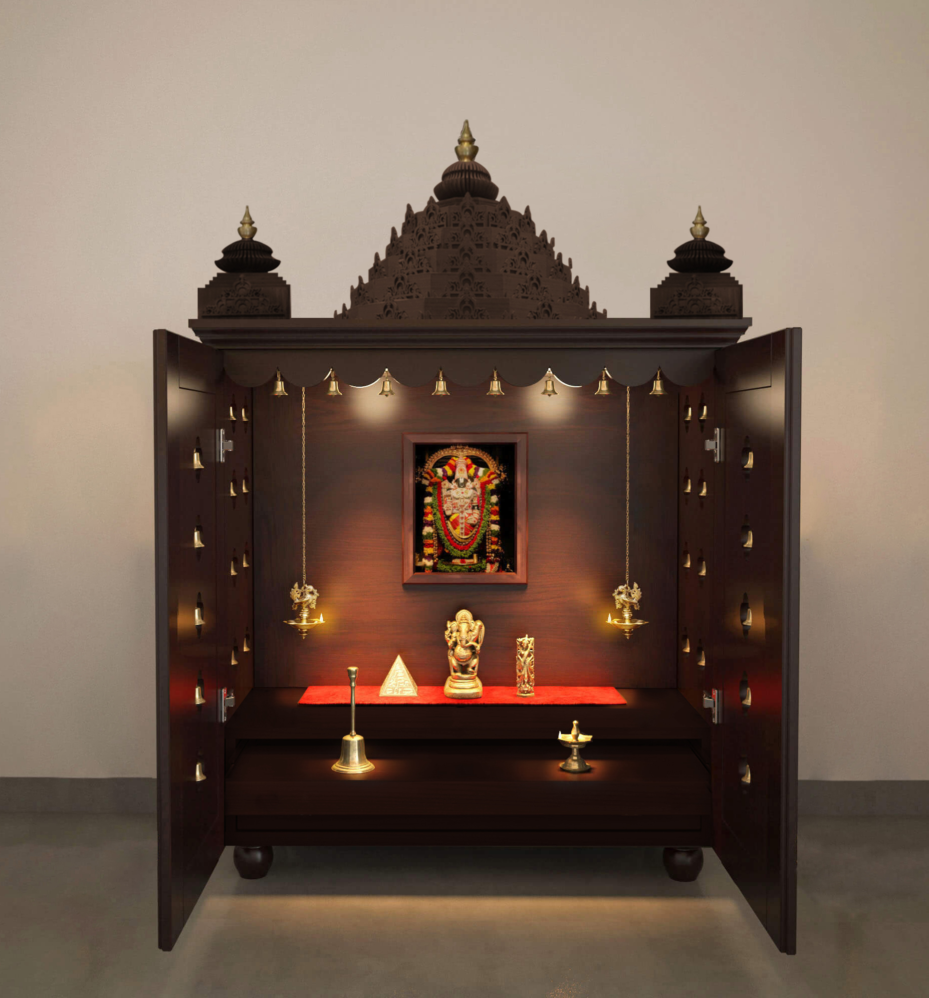 The Temple hub Wooden Temple | Brown Door Mandir With LED Light Puja Mandir For Home & Office Decor - Image 3